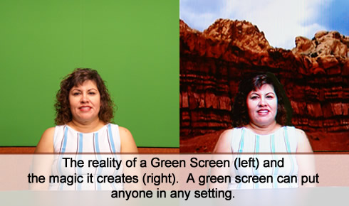 A model sits in front of a green screen.  The left of the photo shows the screen itself and the right shows the effect the screen imparts.  The model appears to be sitting in a mountain scene.  Photo Credit:  NIPTC.